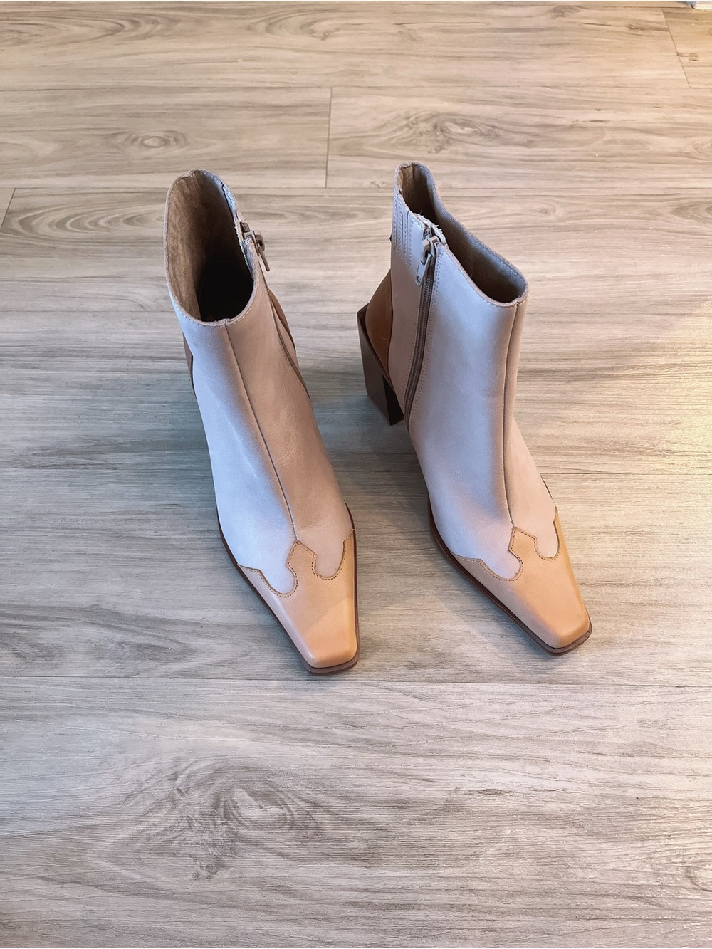 Jeffrey Campbell Snip Square Toe Two-Tone Beige & Tan Ankle Boots Booties Size 7